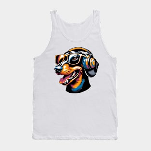 Dachshund Smiling DJ with Headphones and Sunglasses Tank Top